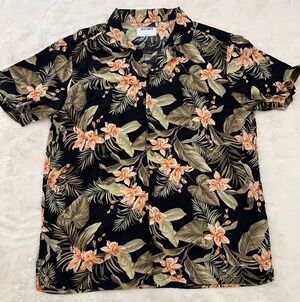 Old Navy Mens S Hawaiian Shirt Tropical Floral Button Up Camp Aloha Black Orange